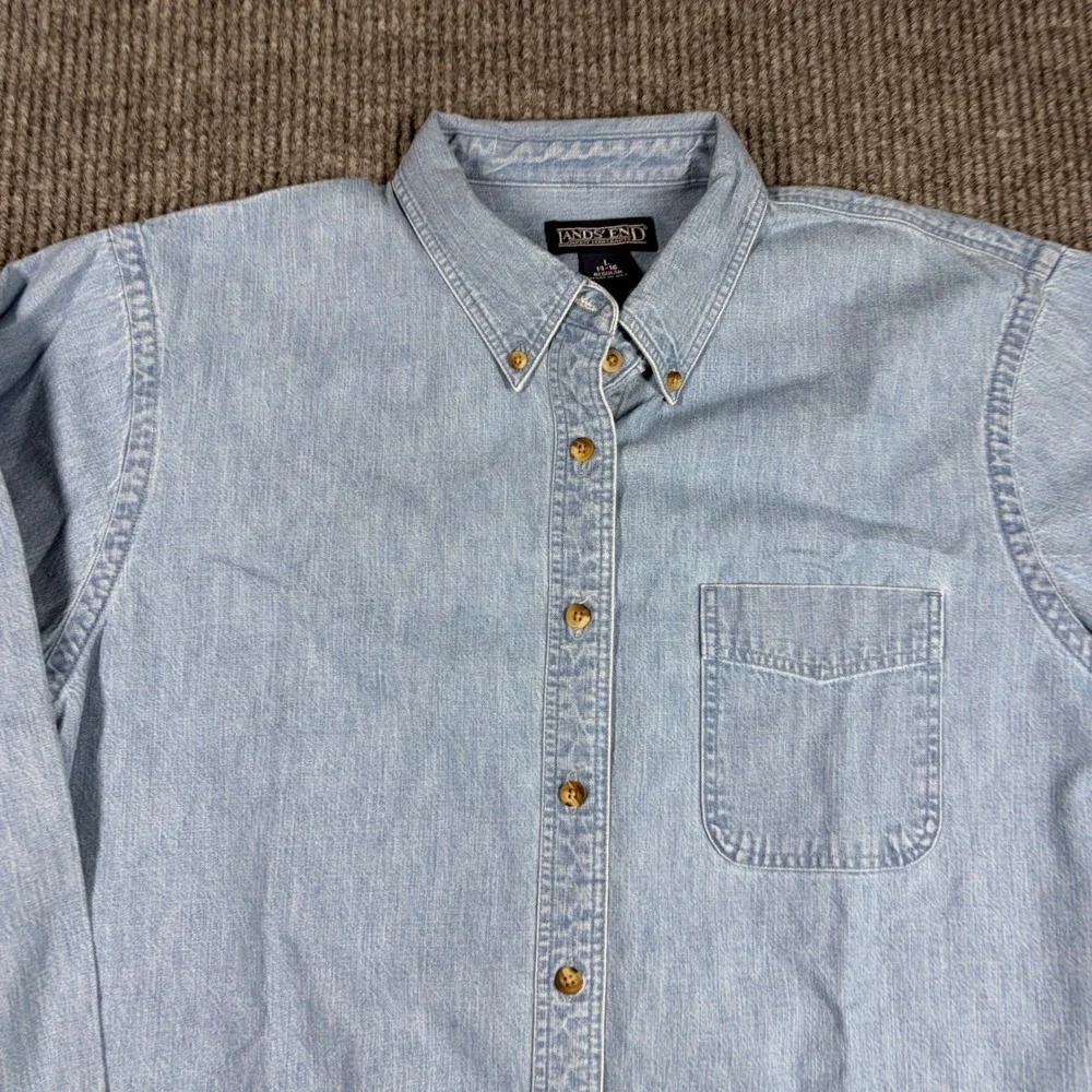 Vintage Lands End Shirt Mens L Blue Denim Button  Down Long Sleeve Made in USA - Picture 2 of 6